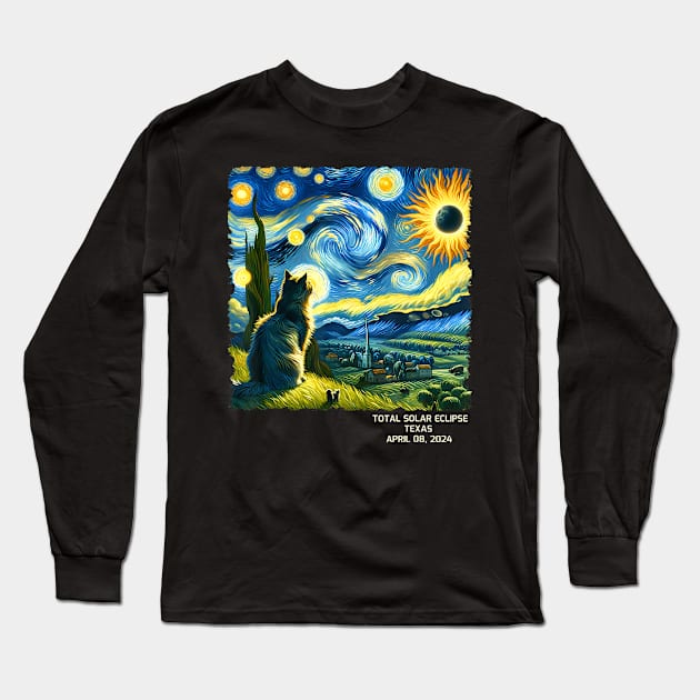 Total Solar Eclipse April 08 2024 Texas Starry Night Cat Long Sleeve T-Shirt by Diana-Arts-C